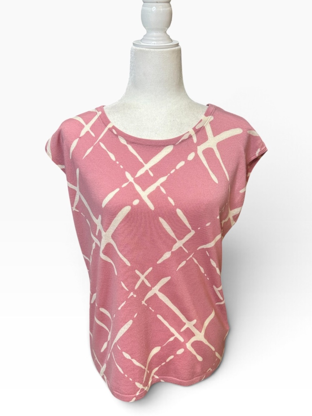 Escada Fantasy Pink Wool Cap Sleeve Knit Top with Cream Abstract Print